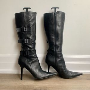High leather stiletto boots with buckle detail